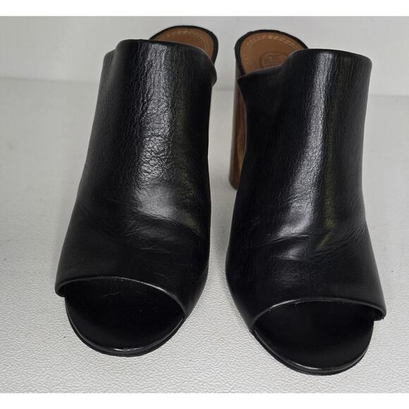 TORY BURCH Black Leather Raya Heels Mules Wooden Heel Peep Toe sz 8.5 - Picture 3 of 10